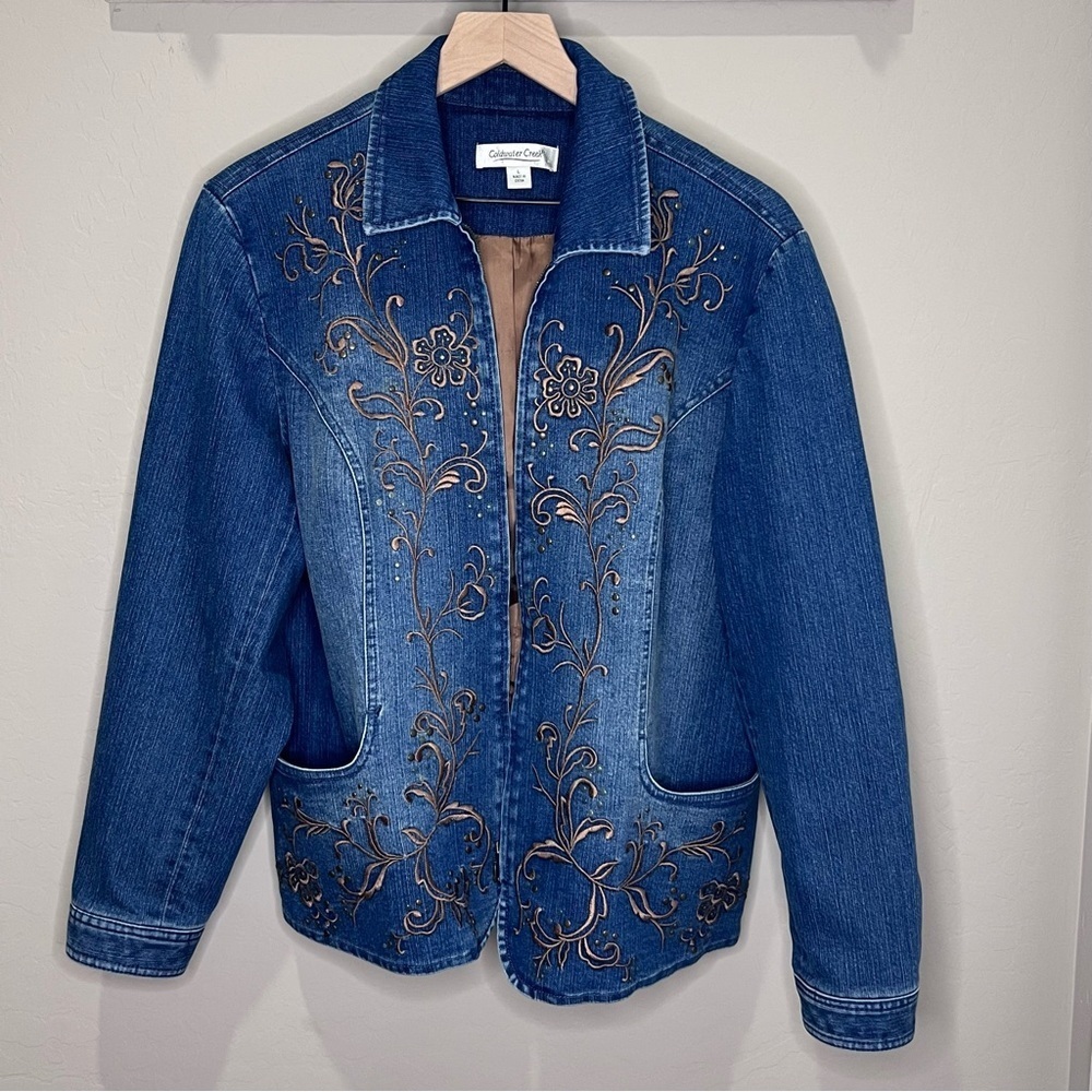 Coldwater Creek Jean Jacket Coat Embroidery Pockets Cowgirl Zipper Lined Western
